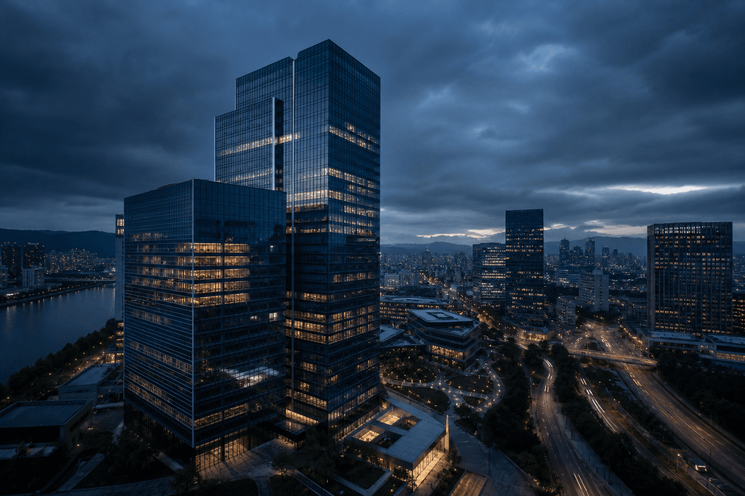 Commercial property district — aerial architectural context